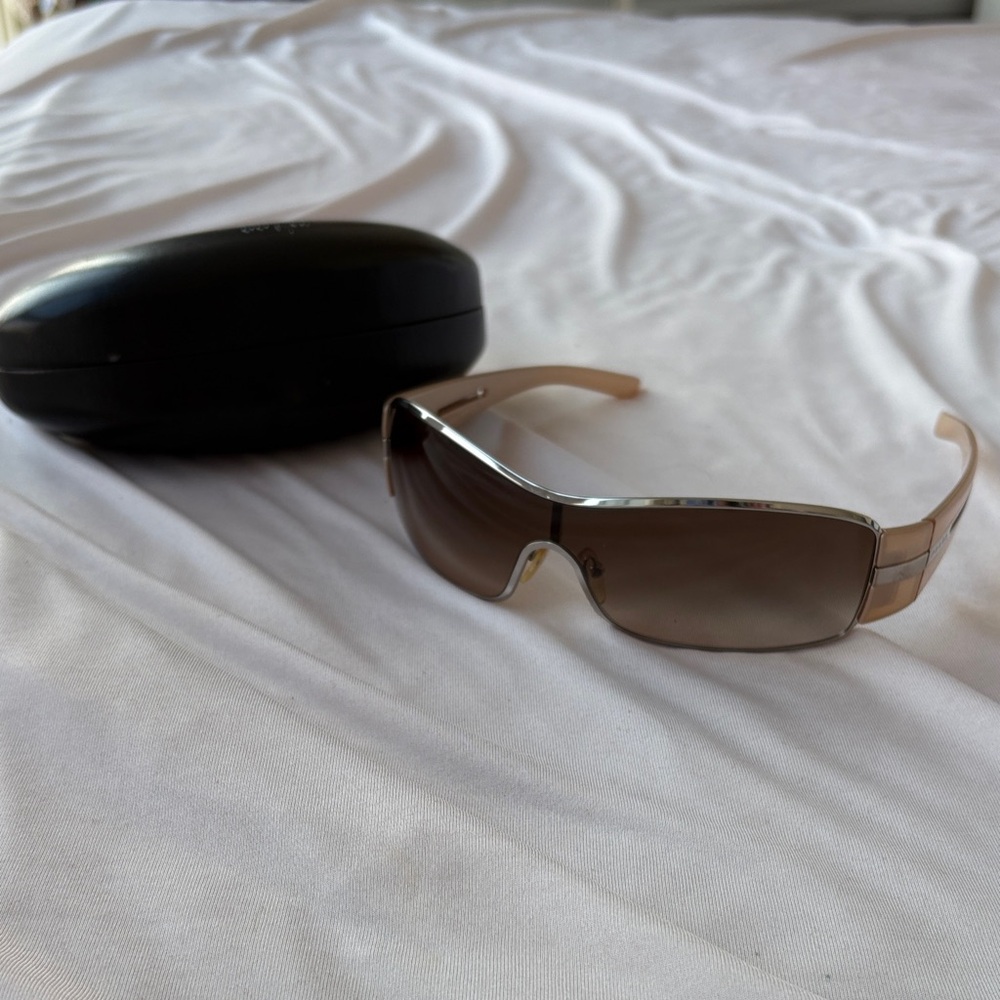 Prada Brown Gradient Shield Sunglasses with Beige Arms